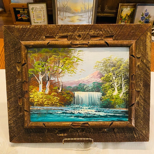 Small Original Painting Colorful Waterfall Scene Artist Signed in Wooden Frame