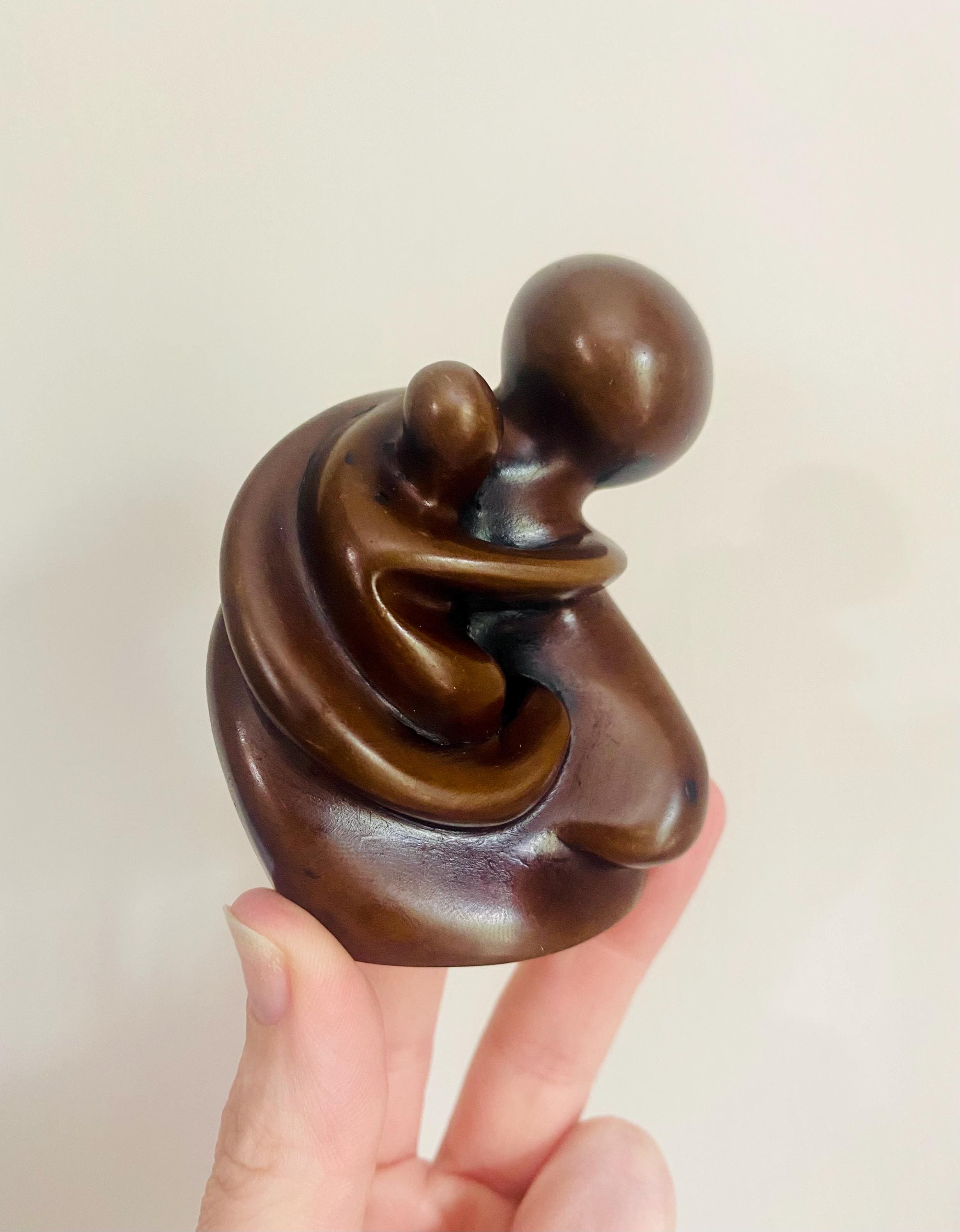 Small Modern Abstract Mother and Child Sculpture – Solid Wood, Made in Thailand – Minimalist Art