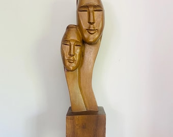 Mid-Century Modern Hand-Carved Wooden Sculpture – Pair of Abstract Faces on Pedestal Base