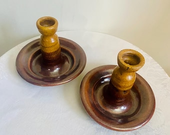 Vintage Studio Pottery Candlestick Holders – Handcrafted Ceramic Taper Holders, Signed Art Pottery, Rustic Brown & Golden Yellow Drip Glaze