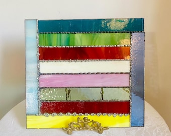 Handcrafted Stained Glass Panel – Colorful Geometric Stripes – Square Window Leaner or Shelf Sitter