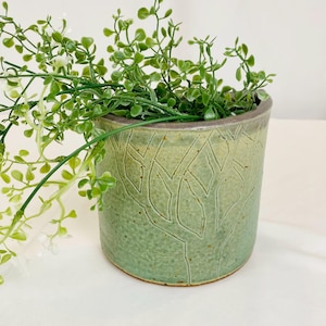 Vintage Studio Pottery Half Moon Planter Vase, Carved Tree Motif, Celadon Green Speckled Ceramic Vessel, Mid Century Organic Modern Decor