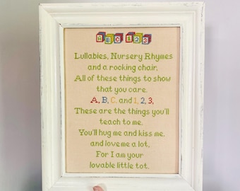 Vintage Nursery Poem Cross Stitch – ABC 123 Blocks – Freshly Refinished White Frame – Baby Shower Gift – Nursery Wall Art