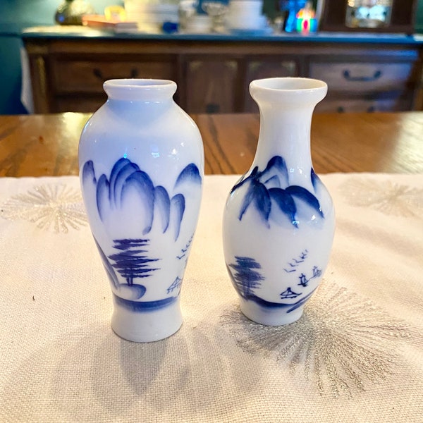 Pair of 4" Chinoiserie Bud Vases Blue and White Landscape