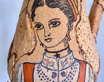 Vintage Italian Cork-Covered Ceramic Pitcher with Hand-painted Woman