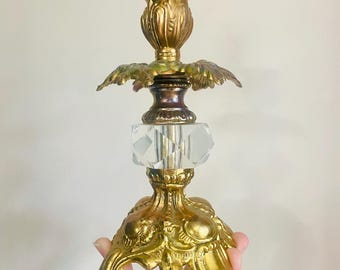 Vintage Ornate Brass Candlestick with Crystal Accent | Rococo Style Gold Candle Holder | Hollywood Regency