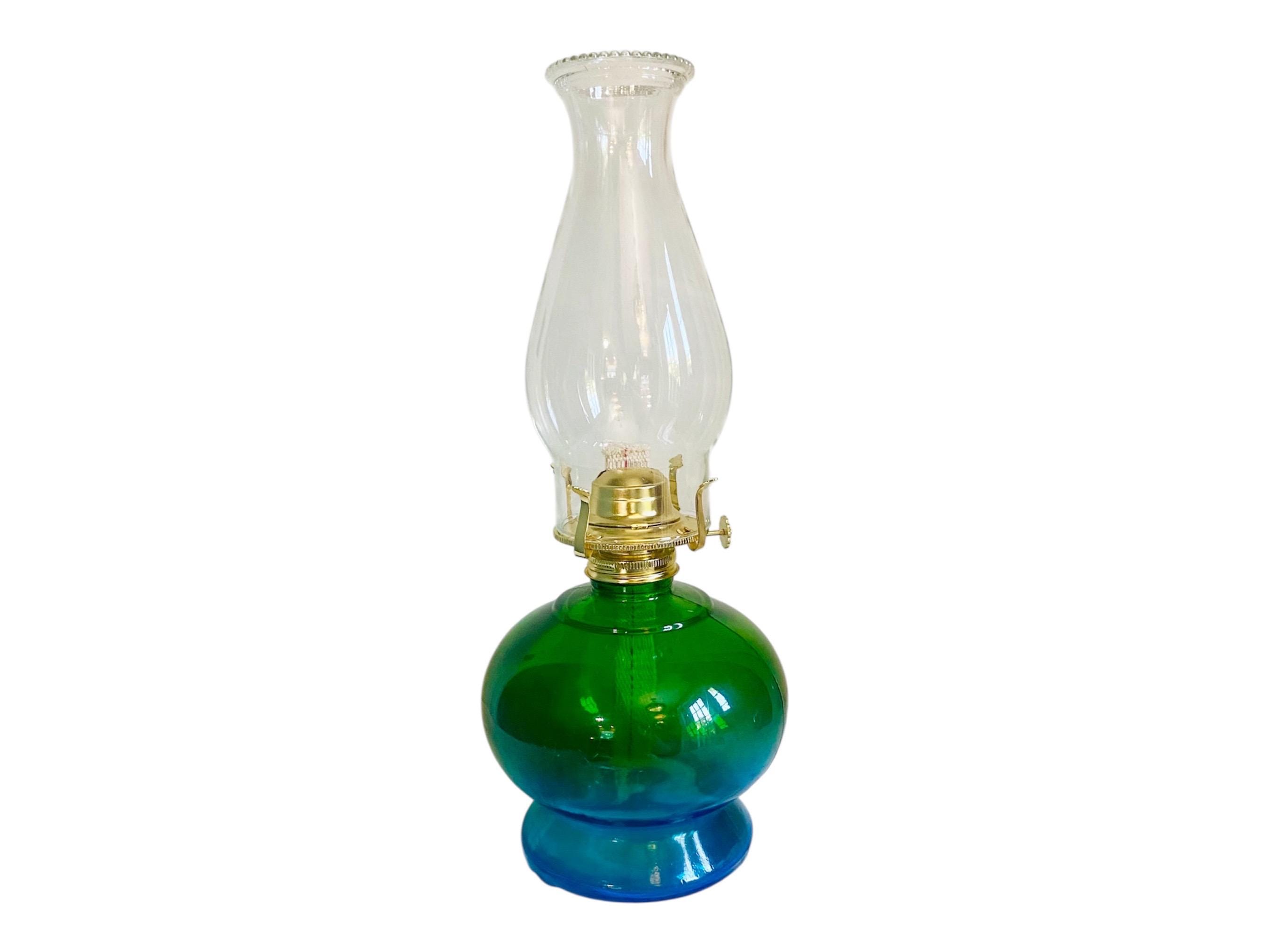 Vintage P&A Risdon Oil Lamp – Danbury Blue-green Glass With  Vintage P & A Risdon Green Glass Oil Lamp Base With Burner And Chimney main image 0