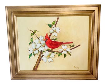 Vintage 1970s Cardinal Painting on Canvas – Signed Mattie J – Dogwood Blossoms, Gold Frame