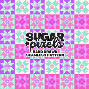Patchwork Quilt Seamless Pattern, Pink Purple Teal Star Block Floral Gingham Digital Paper