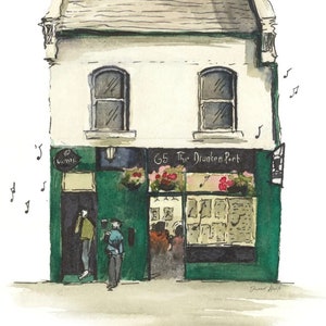 May include: A watercolour illustration of a pub called "The Drunken Poet" in Melbourne, Australia. The pub has a green door and windows, and there are people inside. The quote "There are no strangers here, only friends you haven't met yet - WB Yeats" is written below the image.