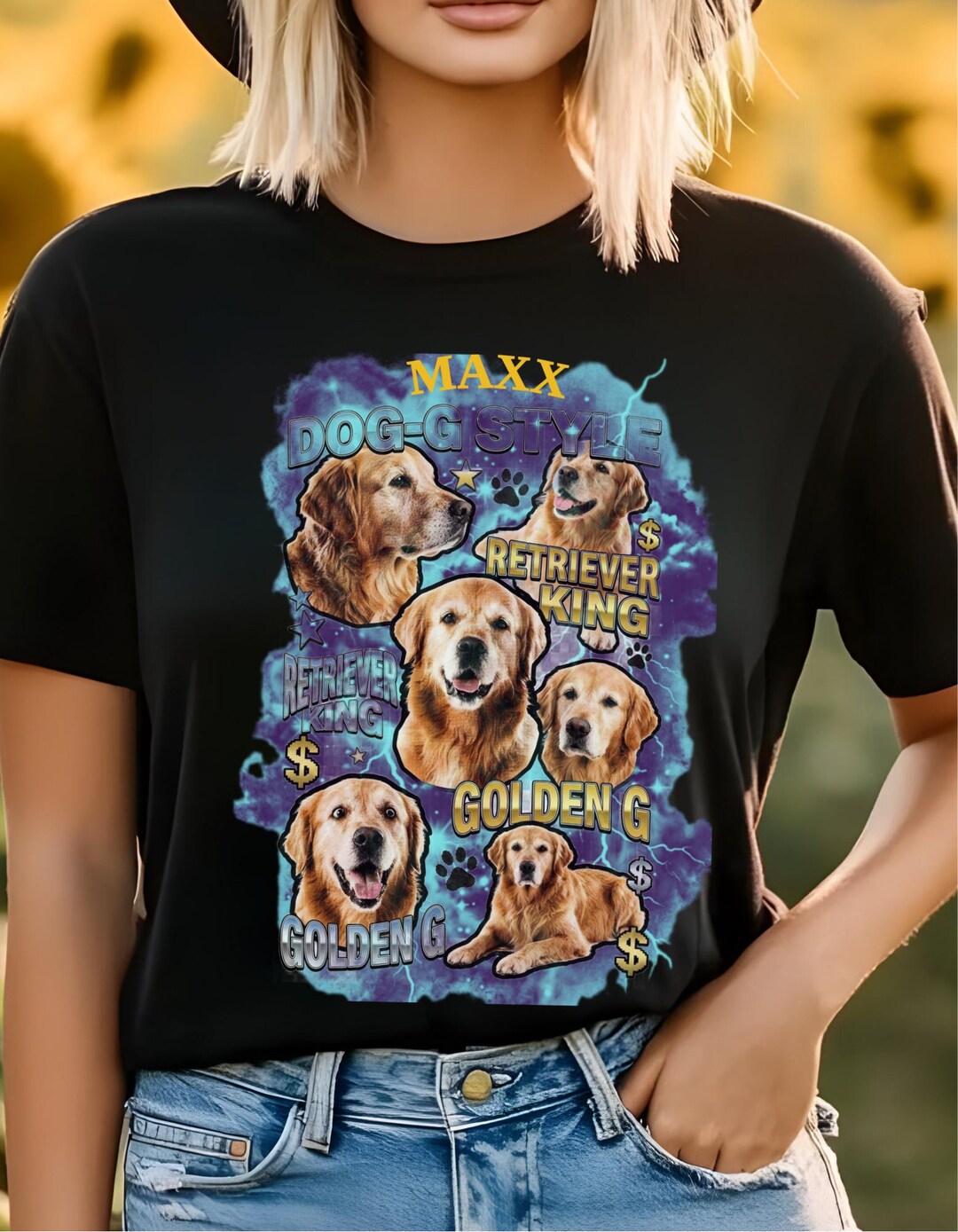 Custom Golden Retriever Portrait T-shirt, Vintage Bootleg Pet Tee ...