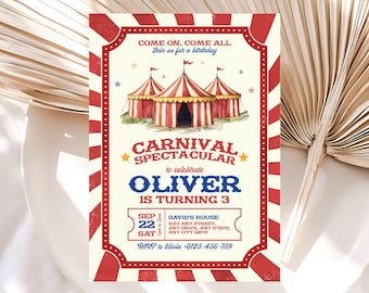 Three Ring Circus Birthday Invitation, Carnival Circus Birthday, Carnival 3rd Birthday, Editable Canva Template, Three Ring Spectacular