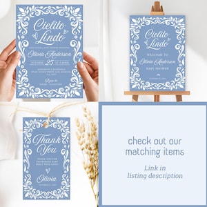 Cielito Lindo Baby Shower Party Bundle featuring pastel blue papel picado and blue Talavera designs. Perfect for a Mexican theme boy baby shower, includes invitation, favor tags, welcome sign, and matching Cielito Lindo party decor for a festive celebration.