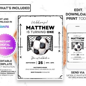 Op de afbeelding: Bewerkbare voetbalthema-verjaardagsinnodigingsjabloon voor een jongen die zijn eerste verjaardag viert. De uitnodiging bevat een zwart-witte illustratie van een voetbal in een doel met de tekst "Let's kick some fun! Matthew is turning one." De uitnodiging is 5 inch bij 7 inch.