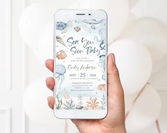 Sea You Soon Baby Shower Mobile Invitation, Under the Sea Theme, Editable Canva Template