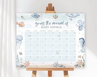 Sea You Soon Due Date Calendar Sign, Ocean Baby Shower Predictions Game, Under the Sea Theme, Editable Canva Template