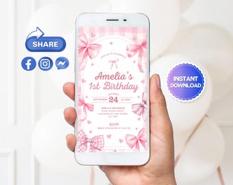 Editable Pink Bow Birthday Mobile Invitation, Pink Coquette Bow Birthday Evite, Pink Bow 1st Birthday Electronic Invite, Canva, PB1