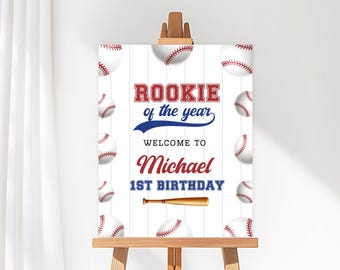 Editable Baseball Birthday Welcome Sign, Baseball Birthday Party Sign, Baseball Welcome Sign, Baseball Party Sign, Little Rookie Sign, Canva