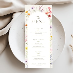 Modèle de menu modifiable bébé en fleurs, modèle de menu floral, menu de fleurs sauvages, modèle de carte de menu, modèle de carte de menu jardin printanier, toile