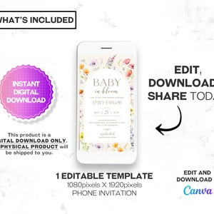 Baby in Bloom Baby Shower Mobile Phone Invitation featuring a beautiful wildflower design with pink floral accents. This digital invite is perfect for a boho-themed baby shower, ideal for summer and spring celebrations. A convenient and stylish electronic evite option.