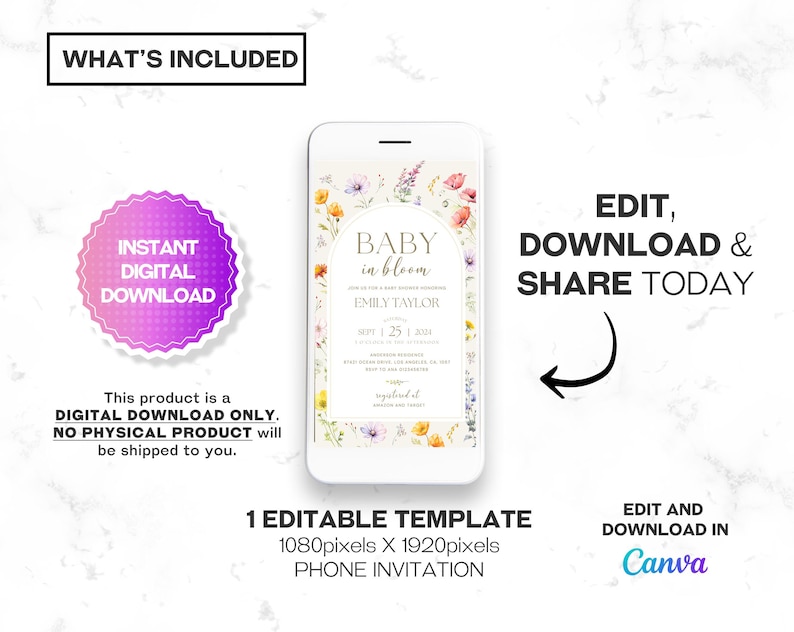 Baby in Bloom Baby Shower Mobile Phone Invitation featuring a beautiful wildflower design with pink floral accents. This digital invite is perfect for a boho-themed baby shower, ideal for summer and spring celebrations. A convenient and stylish electronic evite option.