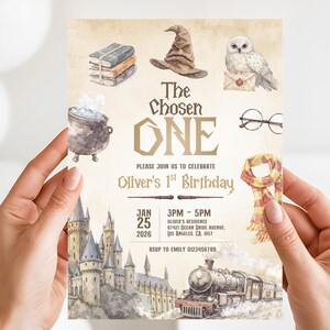 May include: A birthday invitation with watercolor illustrations of a sorting hat, books, an owl, glasses, a scarf, a cauldron, wands, a castle, and a train. The text reads "The Chosen One" and includes the birthday details: date, time, and location.