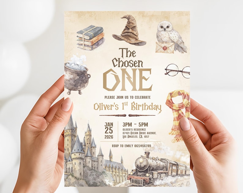May include: A birthday invitation with watercolor illustrations of a sorting hat, books, an owl, glasses, a scarf, a cauldron, wands, a castle, and a train. The text reads "The Chosen One" and includes the birthday details: date, time, and location.