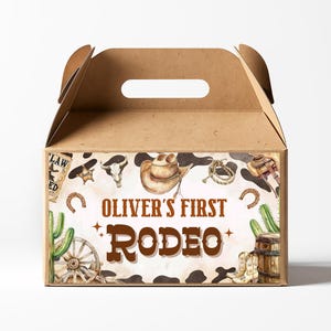 Etichette modificabili per scatole a capanna per il primo compleanno del rodeo, etichetta per scatola a capanna da cowboy, etichetta per scatola regalo da rodeo, etichetta per scatola bomboniera da rodeo, scatola bomboniera da cowboy, Canva