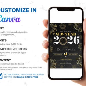 New Year's Party Invitation featuring gold elegant designs with fireworks, champagne and a clock. This NYE party invite sets the tone for a festive celebration, perfect for the New Year countdown and welcoming 2026.