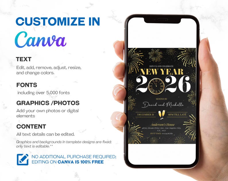 New Year's Party Invitation featuring gold elegant designs with fireworks, champagne and a clock. This NYE party invite sets the tone for a festive celebration, perfect for the New Year countdown and welcoming 2026.