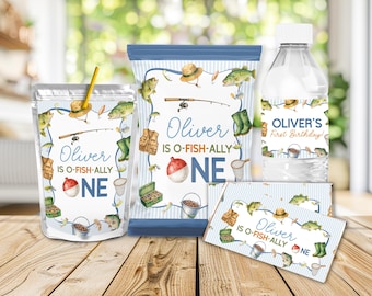 Ofishally One Favors Bundle, Fishing Birthday Party Bundle Kit, O-Fish-Ally One Birthday Favors, Juice Pouch Label, Editable Canva Template