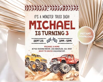 Invitación de cumpleaños editable de Monster Truck, plantilla de invitación de cumpleaños de Monster Truck, invitaciones para fiesta de cumpleaños, descarga instantánea, Canva