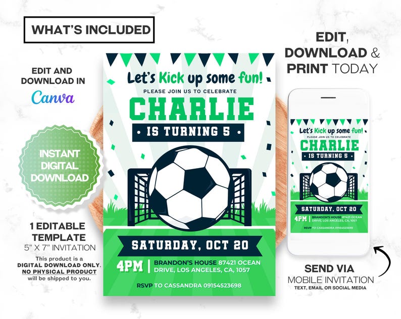 EDITABLE Soccer Birthday Invitation, Soccer Invitation, Football Invitation, Instant Download Evite, Soccer Birthday Invite, Canva Template image 3