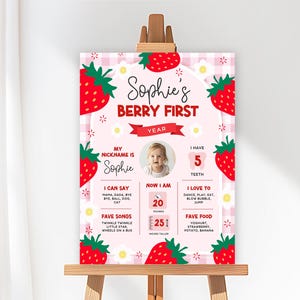Cartel editable con el hito del primer cumpleaños de Berry, cartel con el hito del primer cumpleaños de Berry, plantilla de cartel con el hito de Strawberry, Canva