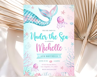 Editable Mermaid Birthday Invitation, Under The Sea Birthday Invite, Mermaid Birthday Party Invite, Under The Sea Birthday Invitation, Canva