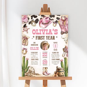 May include: A pink and brown first birthday milestone poster with a cow print background. The poster features a photo of a baby girl, along with details about her first year, including her nickname, weight, height, and favorite foods. The poster is decorated with western-themed illustrations, such as a cowboy hat, boots, and cacti.