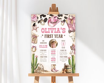 May include: A pink and brown first birthday milestone poster with a cow print background. The poster features a photo of a baby girl, along with details about her first year, including her nickname, weight, height, and favorite foods. The poster is decorated with western-themed illustrations, such as a cowboy hat, boots, and cacti.