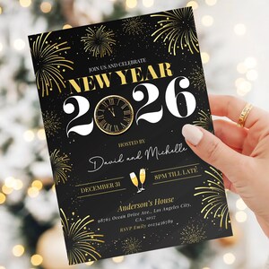 New Year's Party Invitation featuring gold elegant designs with fireworks, champagne and a clock. This NYE party invite sets the tone for a festive celebration, perfect for the New Year countdown and welcoming 2026.
