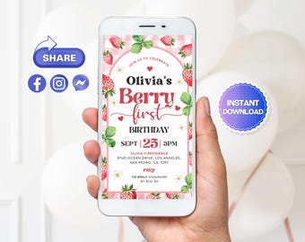 Editable Berry First Birthday Invitation, Berry Mobile Phone Invitation, Berry Digital Invitation, Strawberry Birthday Invitation, Canva