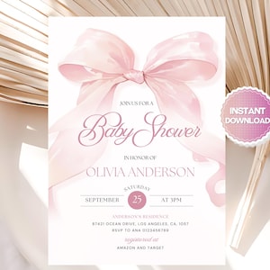 Bearbeitbare Rosa Schleife-Babyparty-Einladung, Rosa Kokette Babyparty-Einladung, Rosa Babyparty-Einladung, Mädchen-Babyparty-Einladung, Canva