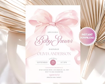 Editable Pink Bow Baby Shower Invitation, Pink Coquette Baby Shower Invite, Pink Baby Shower Invitation, Girl Baby Shower Invitation, Canva