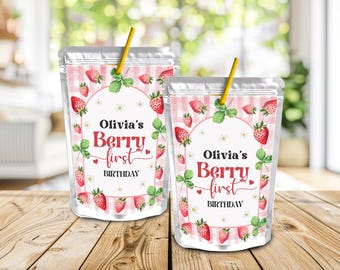 Strawberry Juice Label, Berry Juice Pouch Label, Strawberry Party Favors, Berry Party Favors, Canva, Editable Template