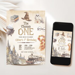 May include: A birthday invitation with a watercolor design featuring a sorting hat, owl, glasses, and a scarf. The text reads "The Chosen One" and "Oliver's 1st Birthday". A smartphone displays the same invitation.