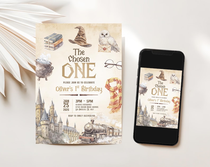 May include: A birthday invitation with a watercolor design featuring a sorting hat, owl, glasses, and a scarf. The text reads "The Chosen One" and "Oliver's 1st Birthday". A smartphone displays the same invitation.