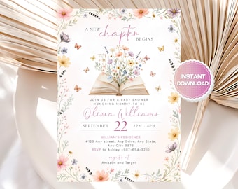 A New Chapter Begins Baby Shower Invitation, Storybook Theme, Editable Canva Template