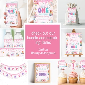 Sweet One birthday party bundle featuring sweet desserts, including an invitation, cupcake toppers, welcome sign, milestone sign, water bottle labels, and favor tags. The design includes donuts, cupcakes, candy and ice cream for a sweet celebration.