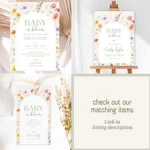 Baby in Bloom Baby Shower with our beautifully coordinated matching items. Designed wildflowers, spring florals, and a charming boho floral theme, this collection includes invitation cards, welcome signs, favor gift tags, custom signs, and more.