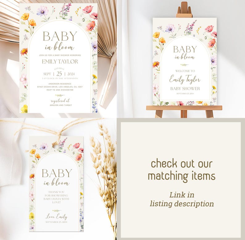 Baby in Bloom Baby Shower with our beautifully coordinated matching items. Designed wildflowers, spring florals, and a charming boho floral theme, this collection includes invitation cards, welcome signs, favor gift tags, custom signs, and more.