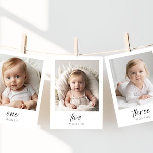 Bewerkbare mijlpaalfotobanner eerste verjaardag, genderneutrale mijlpaalfotokaarten, moderne minimalistische maandelijkse mijlpaalfotokaarten, canvas