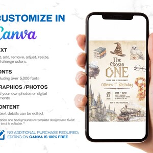 May include: A smartphone displays a birthday invitation template with a Harry Potter theme. The invitation features illustrations of a sorting hat, owl, glasses, and a scarf. The text reads "The Chosen One" and "Oliver's 1st Birthday". The phone is held in a person's hand.